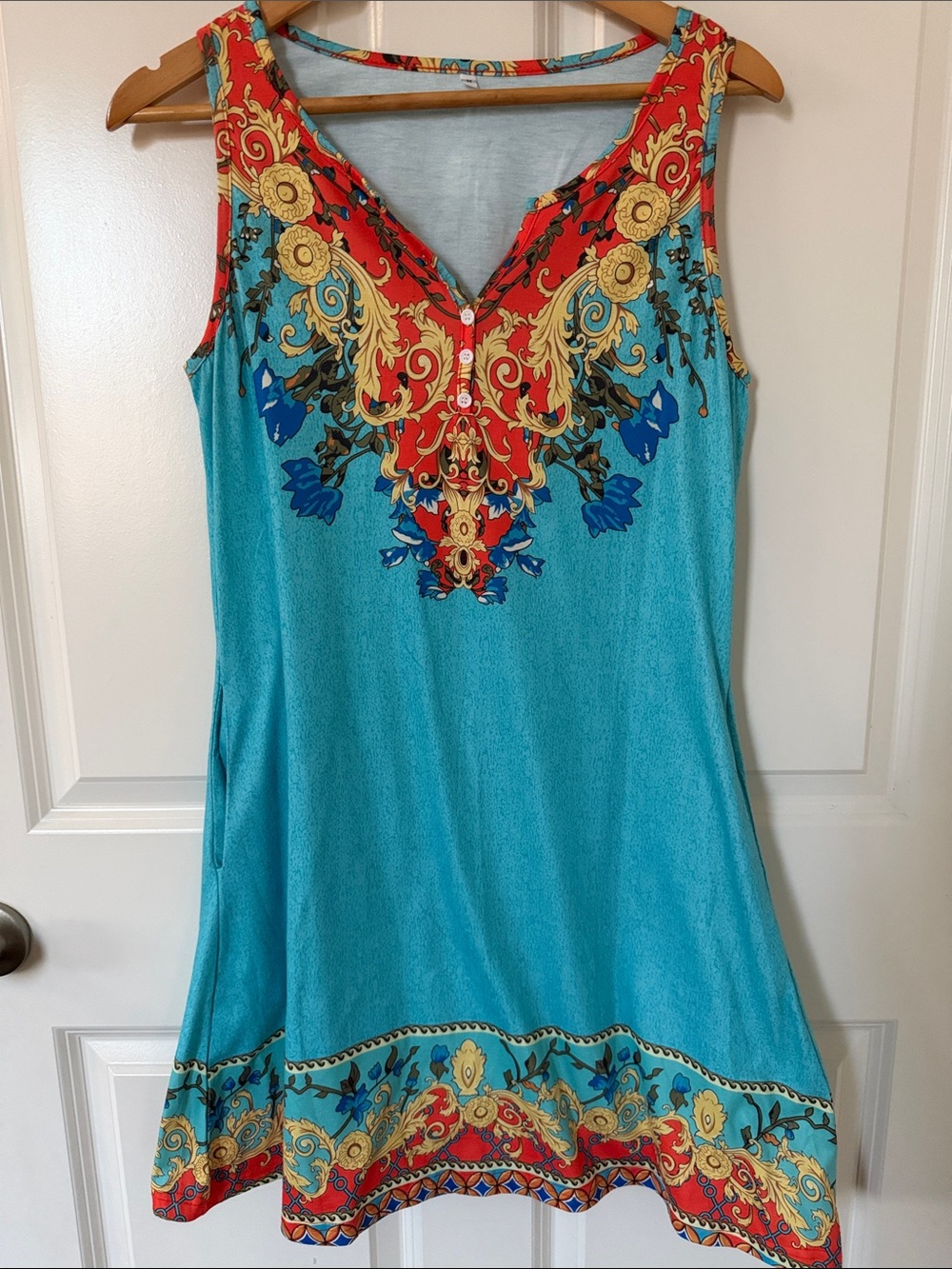 Sleeveless Turquoise Floral Border Print Dress